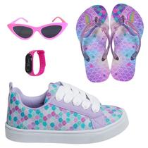 Tênis Infantil Feminino Casual Colegial CM Estrela Sereia Meninas Leve Confortável +Óculos+Relógio+Chinelo