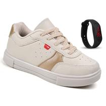 Tenis Infantil Feminino Casual Sneaker - Leve e Macio - Original - Off White/Dourado + Relogio