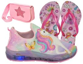 Tênis Infantil Feminino Com Led Slip On Unicórnio/Amy Rose + Chinelo + Bolsa Estrela Menina Novo