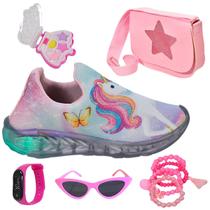 Tênis Infantil Feminino Com Led Unicórnio Slip On Menina +Bolsa+Pulseira+Make+Óculos+Relógio