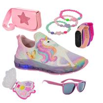 Tênis Infantil Feminino Com Led Unicórnio Slip On Menina +Bolsa+Pulseira+Make+Óculos+Relógio