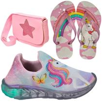 Tênis Infantil Feminino Com Led Unicórnio Slip On Menina Chinelo Bolsa Estrela