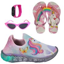 Tênis Infantil Feminino Com Led Unicórnio Slip On Menina Novo +Chinelo+Óculos+Relógio