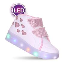 Tenis Infantil Feminino com Luz De Led Branco 7 Corações