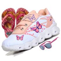 Tenis infantil feminino elastico calcefacil - borboleta - branco rosa - menina + oculos + chinelo
