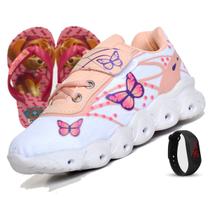 Tenis infantil feminino elastico calcefacil - borboleta - branco rosa - menina + relógio + chinelo