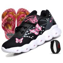 Tenis infantil feminino elastico calcefacil - borboleta - preto rosa - menina + relógio + chinelo - RYN