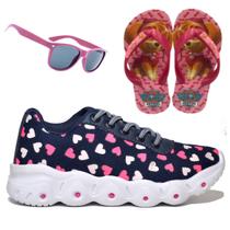 Tenis infantil feminino elastico calcefacil - coração - azul rosa - menina + oculos + chinelo