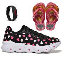 Tenis infantil feminino elastico calcefacil - coração - preto rosa - menina + chinelo + relogio