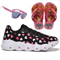 Tenis infantil feminino elastico calcefacil - coração - preto rosa - menina + oculos + chinelo - RYN