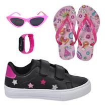 Tênis Infantil Feminino Estrela Detalhe Bordado Estiloso + Chinelo + Óculos + Relógio