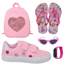 Tênis Infantil Feminino Estrela Detalhe Bordado Estiloso +Chinelo+Óculos+Relógio+Mochila Coração