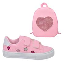 Tênis Infantil Feminino Estrela Detalhe Bordado Estiloso + Mochila Coração