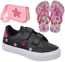 Tênis Infantil Feminino Menina Estrela Glitter+ Chinelo + Bolsa Escolar Novo