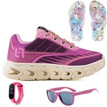 Tenis Infantil Feminino Meninas Escolar Casual Calce Facil Basico + Chinelo Oculos Relogio