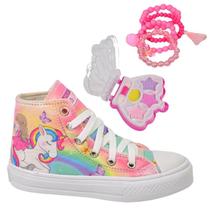 Tênis Infantil Feminino Unicórnio Sereia Menina Botinha Cano Alto Club Magia +Paleta+Pulseira