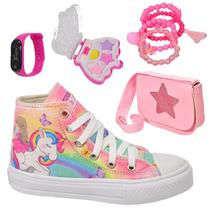 Tênis Infantil Feminino Unicórnio Sereia Menina Botinha Cano Alto Club Magia +Paleta+Pulseira+Relógio+Bolsa Estrela