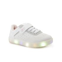 Tênis Infantil Kidy Casual Branco e Prata com tiras autocolantes e Luz de Led