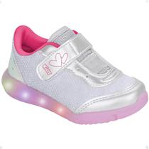 Tênis Infantil Kidy Flex Light Com Led Prata E Pink Neon Escolar Escola Colegial Colégio Original Menina Feminino Conforto Durabilidade AnatomicoVolt