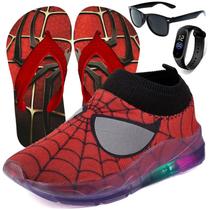 Tenis Infantil Led Aranha Refletivo + Chinelo Oculos Relogio