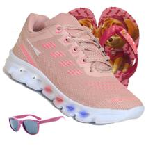 Tenis infantil led feminino conforto - r1022 - rosa nude- menina luzinha + chinelo + oculos