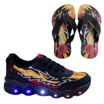 Tênis Infantil Led Masculino Jogging Casual Preto Chumbo Fogo +Chinelo Tênis Infantil Led Masculino Jogging Casual Preto Chumbo Fogo +Chinelo