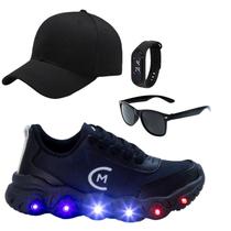 Tênis Infantil Led Masculino Jogging Casual Preto Chumbo Fogo +Óculos+Relógio+Boné Tênis Infantil Led Masculino Jogging Casual Preto Chumbo Fogo +Óculos+Relógio+Boné