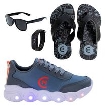 Tênis Infantil Led Masculino Jogging Casual Preto Chumbo Fogo +Óculos+Relógio+Chinelo Tênis Infantil Led Masculino Jogging Casual Preto Chumbo Fogo +Óculos+Relógio+Chinelo