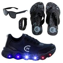 Tênis Infantil Led Masculino Jogging Casual Preto Chumbo Fogo +Óculos+Relógio+Chinelo Tênis Infantil Led Masculino Jogging Casual Preto Chumbo Fogo +Óculos+Relógio+Chinelo