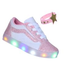 Tenis Infantil Luminoso Calçado com Luz Pisca Branco Rosa Glitter - Pemania