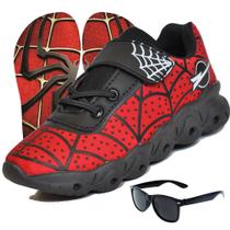 Tenis infantil masculino aranha - vermelho preto + oculos + chinelo - menino lançamento barato - RYN