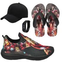 Tênis Infantil Masculino Calce Fácil Escolar Menino Personagem +Chinelo+Relógio+Boné