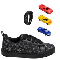 Tênis Infantil Masculino Casual Colegial CM Gamer Leve Confortável Meninos+Kit 3 carrinhos+Relógio