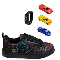 Tênis Infantil Masculino Casual Colegial CM Gamer Leve Confortável Meninos+Kit 3 carrinhos+Relógio