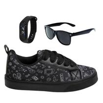 Tênis Infantil Masculino Casual Colegial CM Gamer Leve Confortável Meninos +Óculos+Relógio