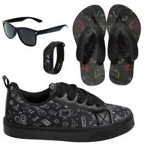 Tênis Infantil Masculino Casual Colegial CM Gamer Leve Confortável Meninos +Óculos+Relógio+Chinelo