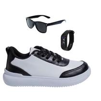 Tênis Infantil Masculino Casual Moderno Colegial Confortável Branco/Preto e Branco/Bege+ Óculos+Relógio