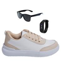 Tênis Infantil Masculino Casual Moderno Colegial Confortável Branco/Preto e Branco/Bege+ Óculos+Relógio