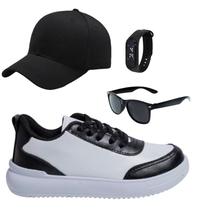Tênis Infantil Masculino Casual Moderno Colegial Confortável Branco/Preto e Branco/Bege+ Óculos+Relógio+Boné