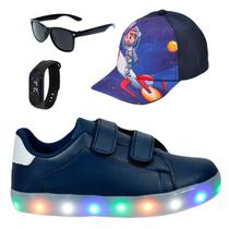 Tênis Infantil Masculino Com Led Casual Moderno Confortável Novo +Boné+Óculos+Relógio Tênis Infantil Masculino Com Led Casual Moderno Confortável Novo +Boné+Óculos+Relógio