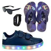 Tênis Infantil Masculino Com Led Casual Moderno Confortável Novo +Chinelo+Óculos+Relógio