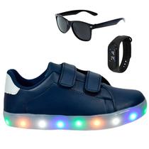 Tênis Infantil Masculino Com Led Casual Moderno Confortável Novo +Óculos+Relógio