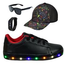 Tênis Infantil Masculino De Led Casual Confortável Estiloso Básico Cadarço +Boné+Óculos+Relógio