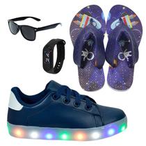 Tênis Infantil Masculino De Led Casual Confortável Estiloso Básico Cadarço +Chinelo+Óculos+Relógio