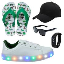 Tênis Infantil Masculino De Led Casual Confortável Estiloso Básico Cadarço +Chinelo+Óculos+Relógio+Boné