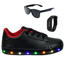 Tênis Infantil Masculino De Led Casual Confortável Estiloso Básico Cadarço +Óculos+Relógio