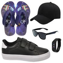 Tênis Infantil Masculino Escolar Casual Menino Novo +Chinelo+Óculos+Relógio+Boné