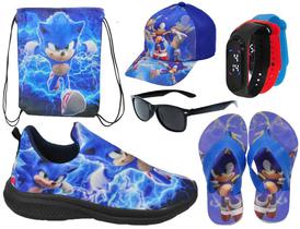 Tênis Infantil Masculino Personagem Carros/Sonic Menino Novo + Mochila + Chinelo + Óculos + Relógio + Boné - ARS