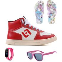 Tenis Infantil Meninas Botinha Cano Alto Escolar Casual Basico + Chinelo Oculos Relogio