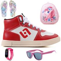 Tenis Infantil Meninas Botinha Cano Alto Escolar Casual Basico + Mochila Chinelo Oculos Relogio